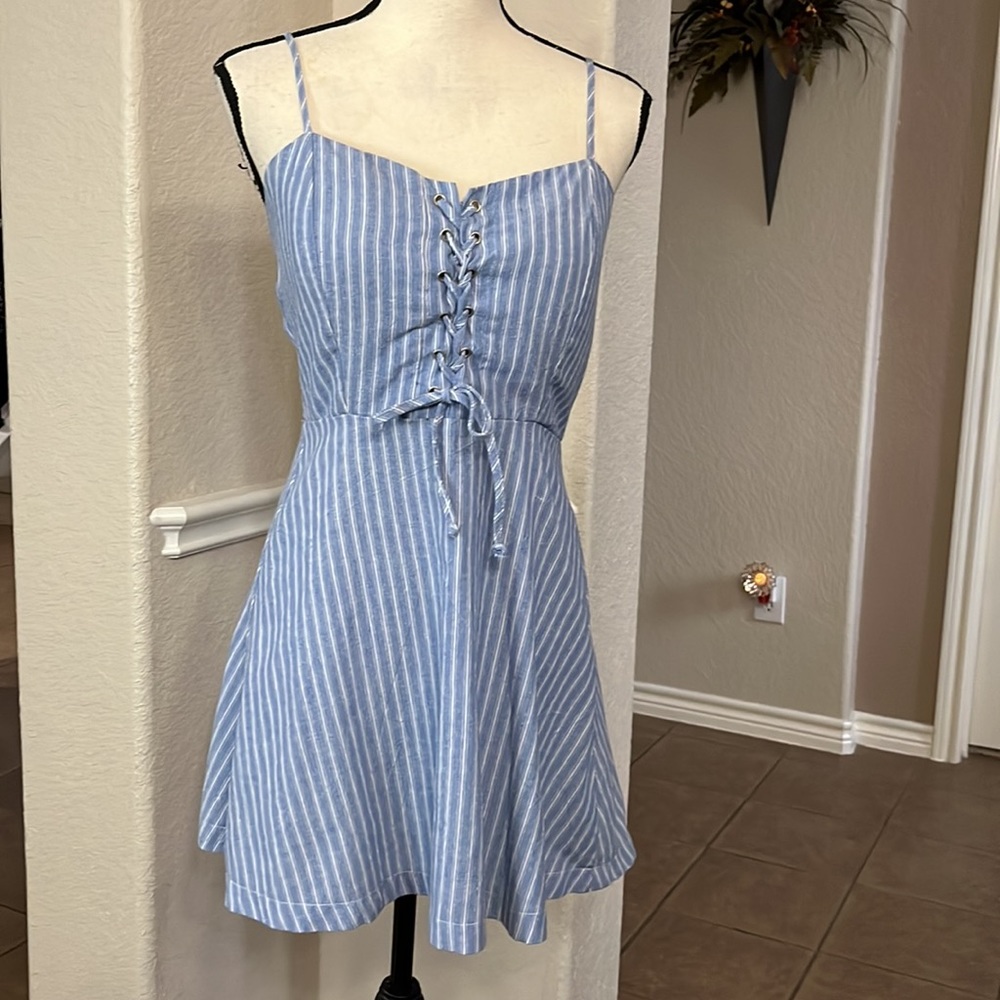 Purple Snow blue with white stripe chambray mini denim dress Size S